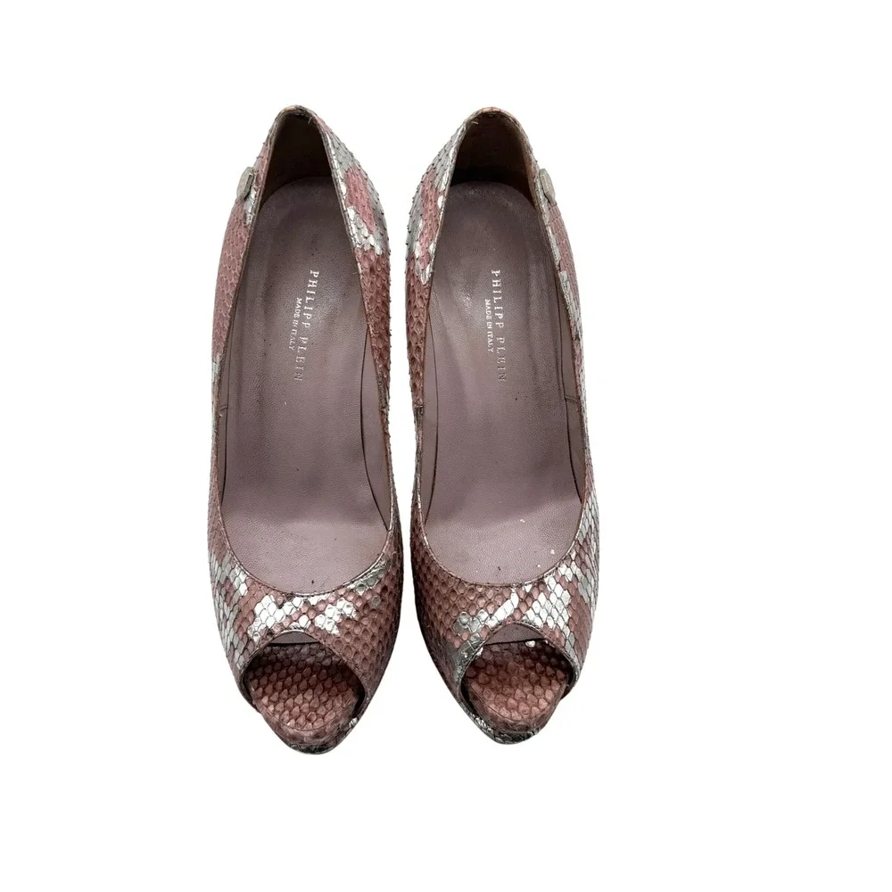 Philipp Plein Peep Toe Platform Heels Snakeskin Print Pink Silver Size 38‎